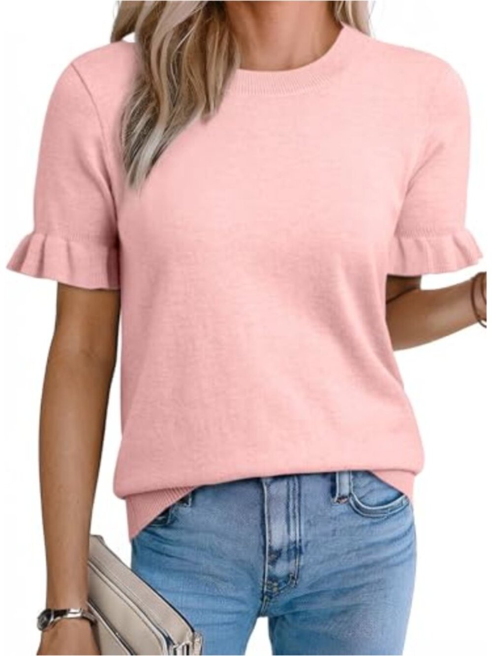 Women's Lightweight Knit Sweater Short Puff Sleeve Crew Neck Slim Fit Top